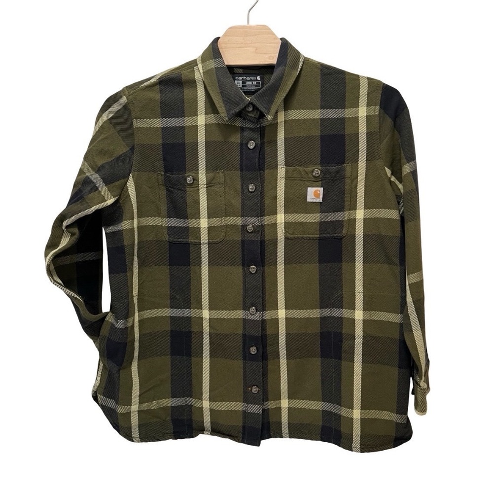 Carhartt Loose Fit Plaid Flannel Shirt XL Olive Green Black 105036 G72